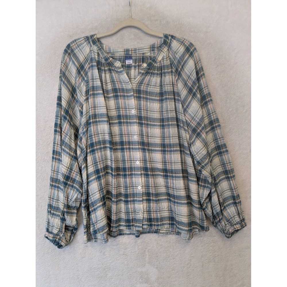 Old Navy Button Down Shirt Women's Large Blue Plaid Long Sleeve Relaxed Fit